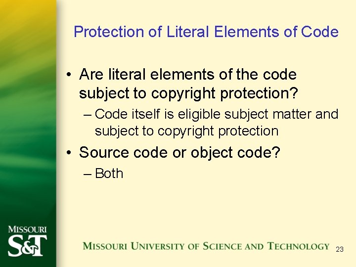 Protection of Literal Elements of Code • Are literal elements of the code subject