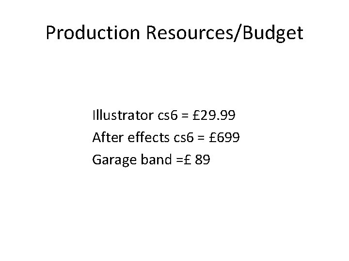 Production Resources/Budget Illustrator cs 6 = £ 29. 99 After effects cs 6 =