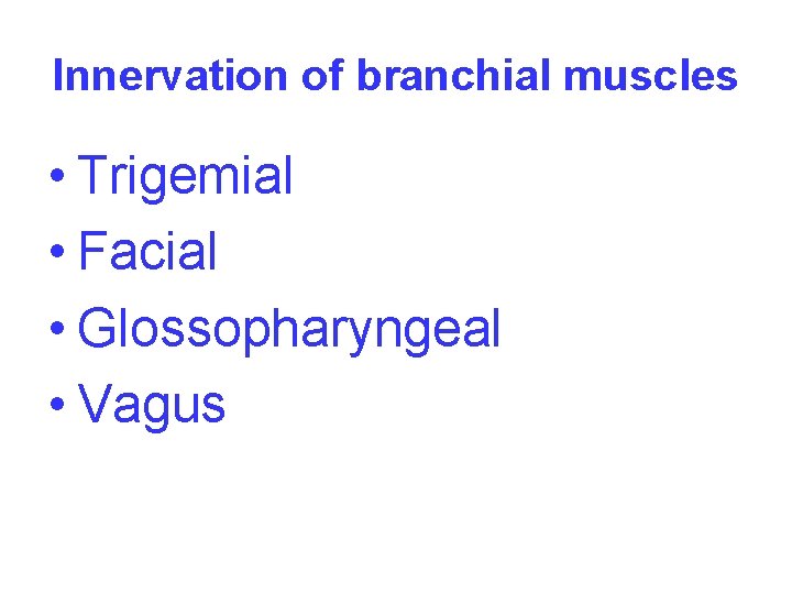 Innervation of branchial muscles • Trigemial • Facial • Glossopharyngeal • Vagus 