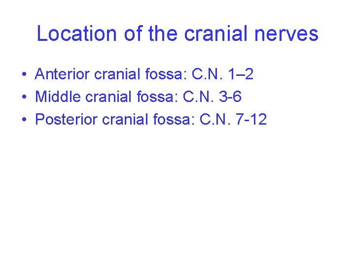 Location of the cranial nerves • Anterior cranial fossa: C. N. 1– 2 •