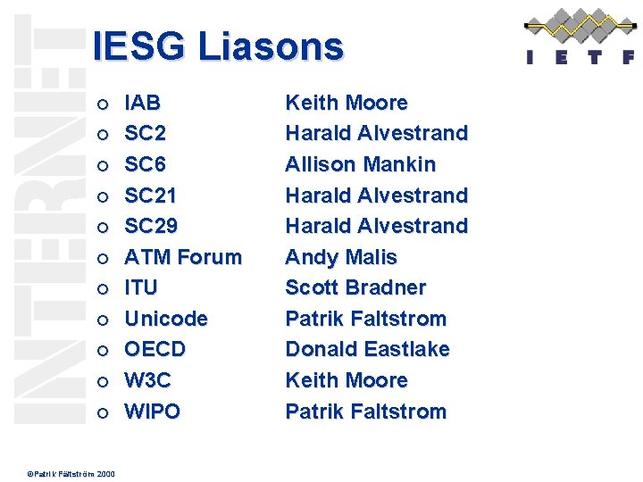 IESG Liasons ¢ ¢ ¢ ©Patrik Fältström 2000 IAB SC 2 SC 6 SC