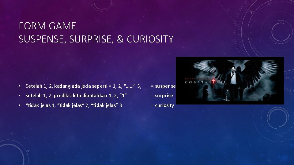 FORM GAME SUSPENSE, SURPRISE, & CURIOSITY • Setelah 1, 2, kadang ada jeda seperti