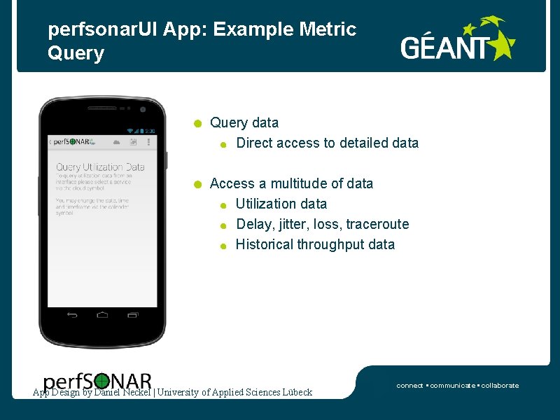 perfsonar. UI App: Example Metric Query data Direct access to detailed data Access a