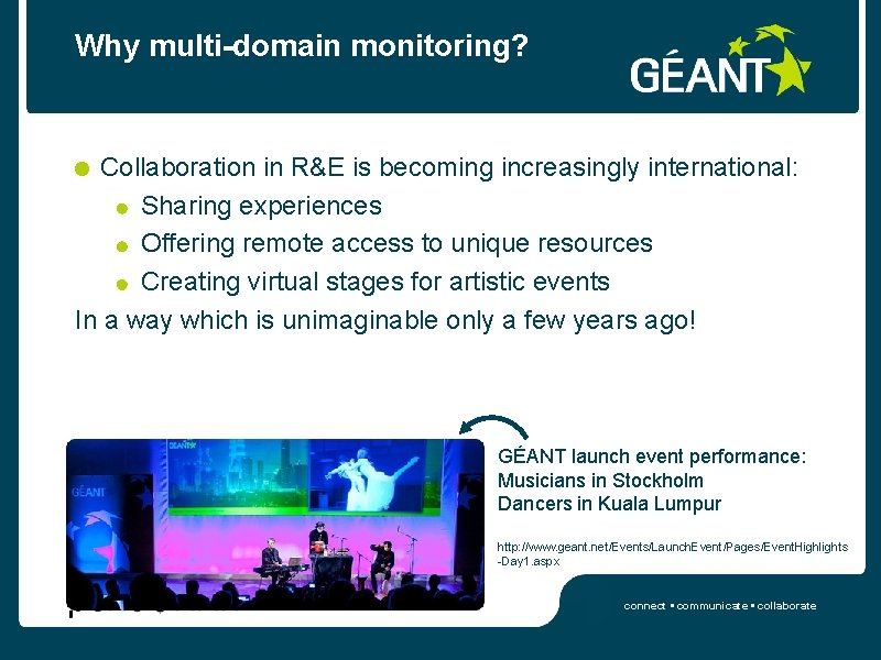 Why multi-domain monitoring? Collaboration in R&E is becoming increasingly international: Sharing experiences Offering remote