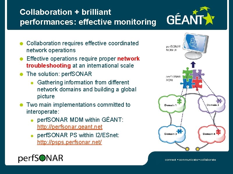 Collaboration + brilliant performances: effective monitoring Collaboration requires effective coordinated network operations Effective operations