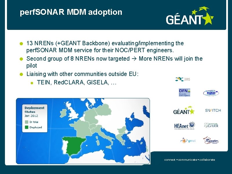 perf. SONAR MDM adoption 13 NRENs (+GEANT Backbone) evaluating/implementing the perf. SONAR MDM service