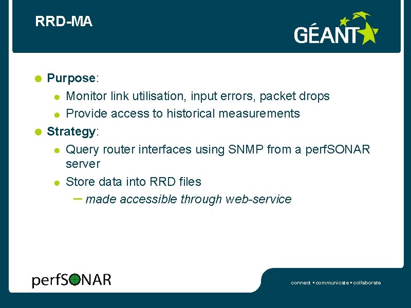 RRD-MA Purpose: Monitor link utilisation, input errors, packet drops Provide access to historical measurements