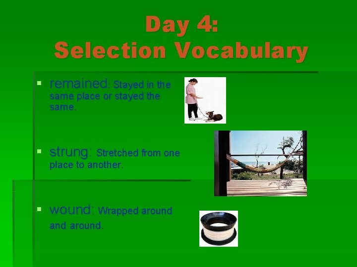 Day 4: Selection Vocabulary § remained: Stayed in the same place or stayed the