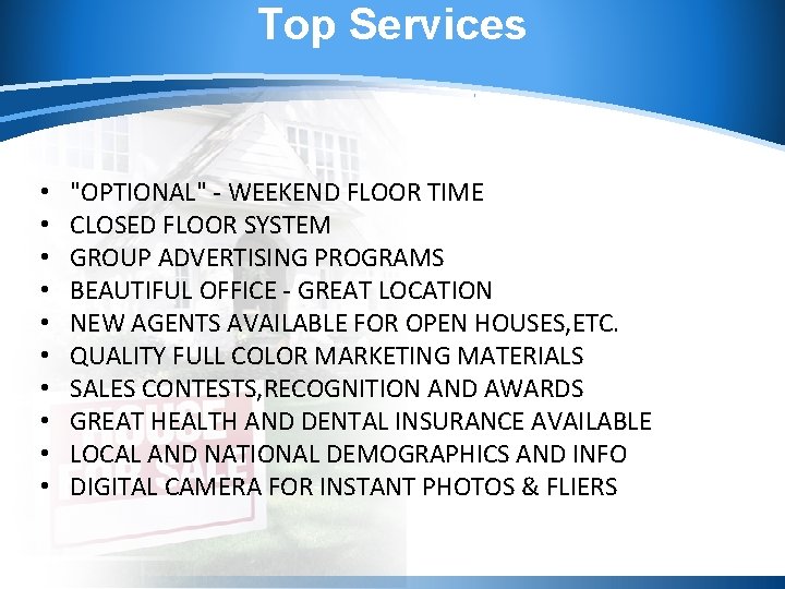 Top Services • • • "OPTIONAL" - WEEKEND FLOOR TIME CLOSED FLOOR SYSTEM GROUP