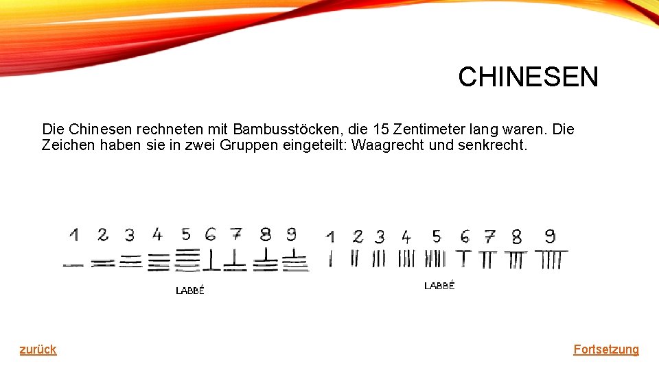 CHINESEN Die Chinesen rechneten mit Bambusstöcken, die 15 Zentimeter lang waren. Die Zeichen haben