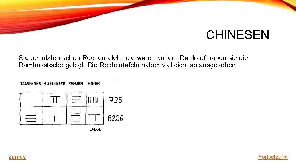 CHINESEN Sie benutzten schon Rechentafeln, die waren kariert. Da drauf haben sie die Bambusstöcke