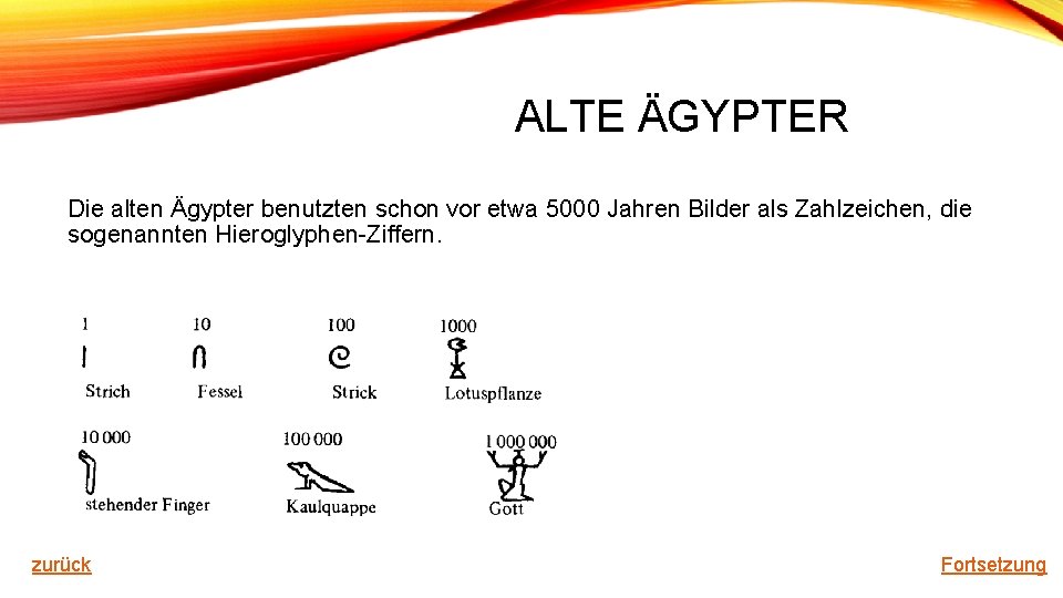 ALTE ÄGYPTER Die alten Ägypter benutzten schon vor etwa 5000 Jahren Bilder als Zahlzeichen,