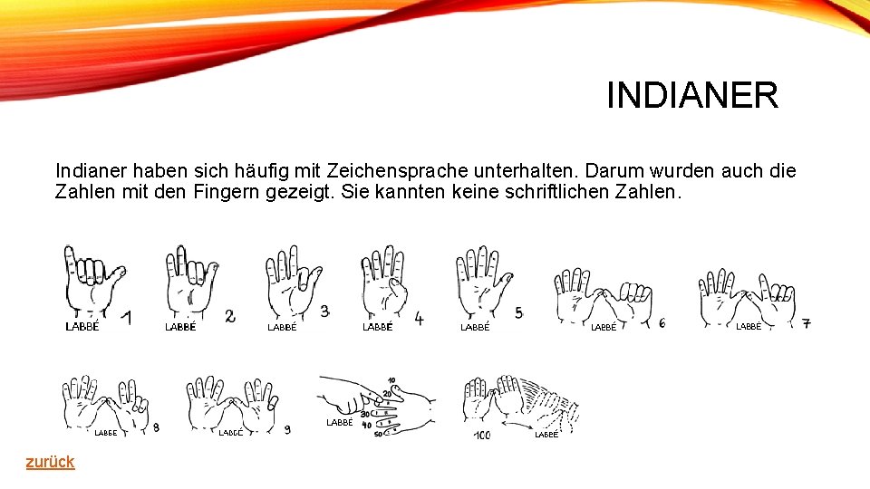 INDIANER Indianer haben sich häufig mit Zeichensprache unterhalten. Darum wurden auch die Zahlen mit