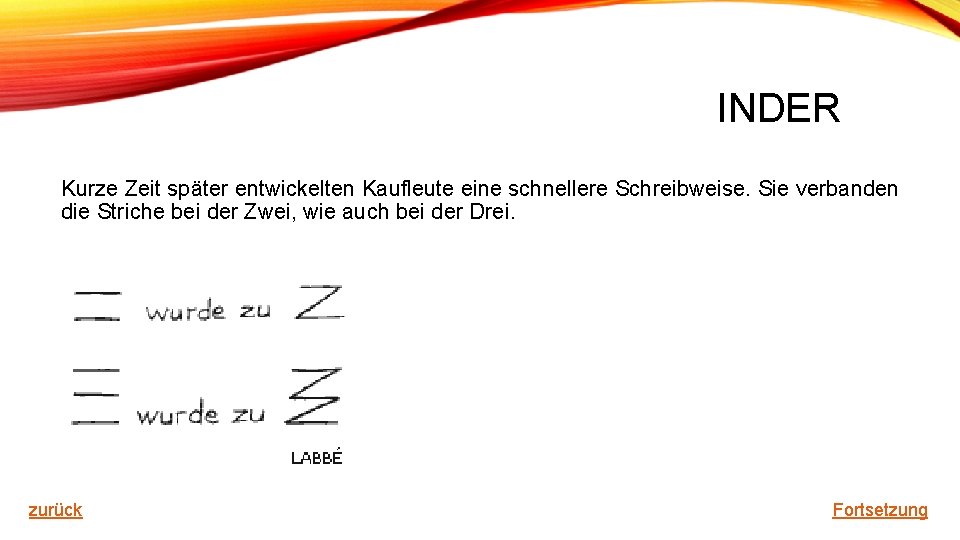 INDER Kurze Zeit später entwickelten Kaufleute eine schnellere Schreibweise. Sie verbanden die Striche bei