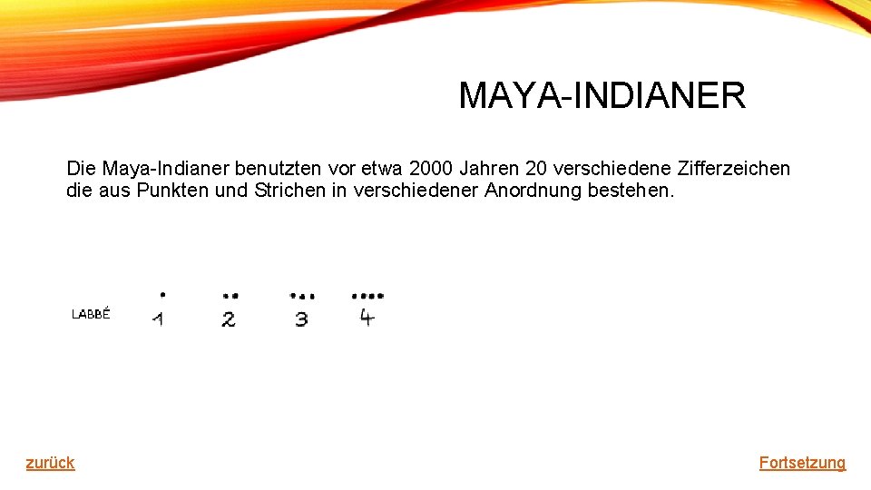 MAYA-INDIANER Die Maya-Indianer benutzten vor etwa 2000 Jahren 20 verschiedene Zifferzeichen die aus Punkten