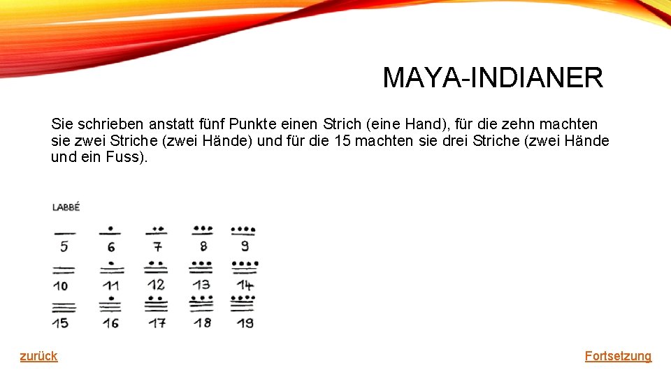 MAYA-INDIANER Sie schrieben anstatt fünf Punkte einen Strich (eine Hand), für die zehn machten