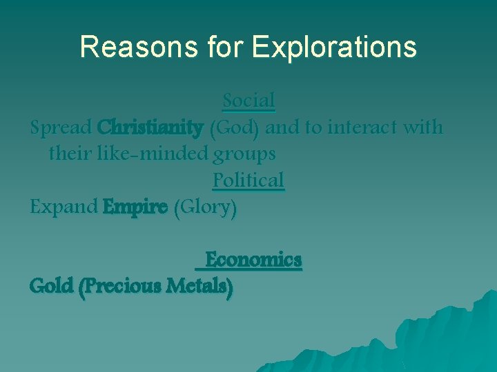 Reasons for Explorations Social Spread Christianity (God) and to interact with their like-minded groups