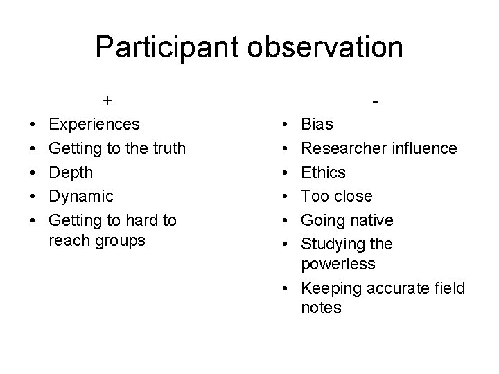 Participant observation • • • + Experiences Getting to the truth Depth Dynamic Getting