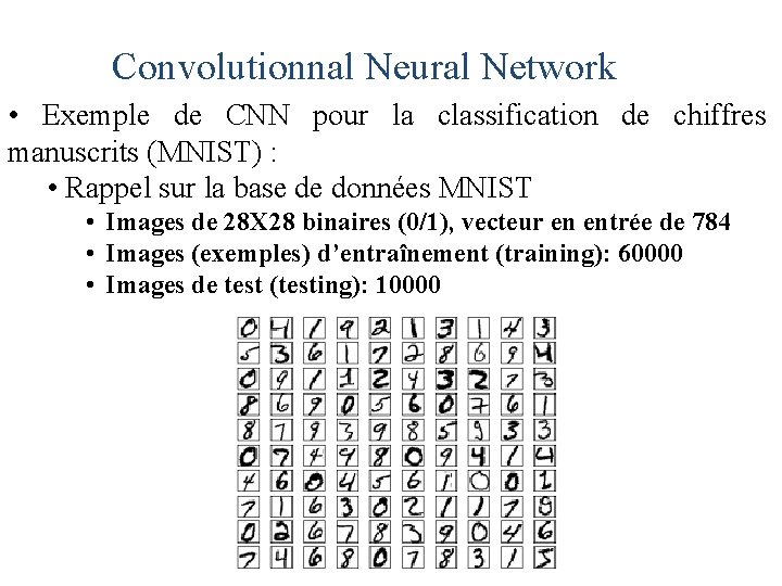 Convolutionnal Neural Network • Exemple de CNN pour la classification de chiffres manuscrits (MNIST)