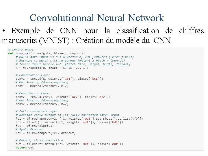 Convolutionnal Neural Network • Exemple de CNN pour la classification de chiffres manuscrits (MNIST)