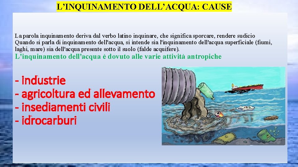 L’INQUINAMENTO DELL’ACQUA: CAUSE La parola inquinamento deriva dal verbo latino inquinare, che significa sporcare,