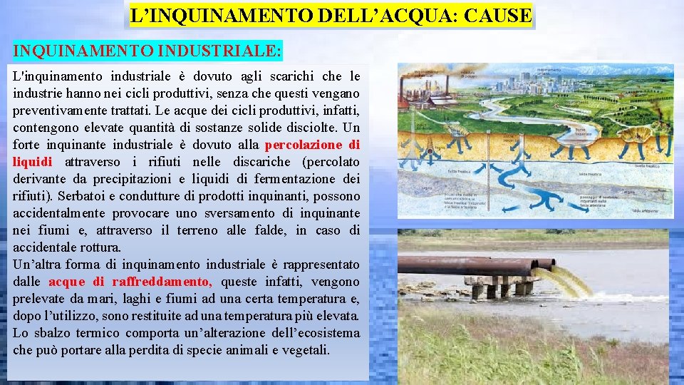 L’INQUINAMENTO DELL’ACQUA: CAUSE INQUINAMENTO INDUSTRIALE: L'inquinamento industriale è dovuto agli scarichi che le industrie