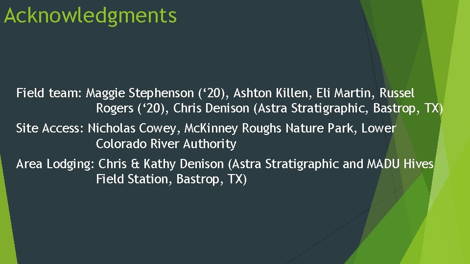 Acknowledgments Field team: Maggie Stephenson (‘ 20), Ashton Killen, Eli Martin, Russel Rogers (‘