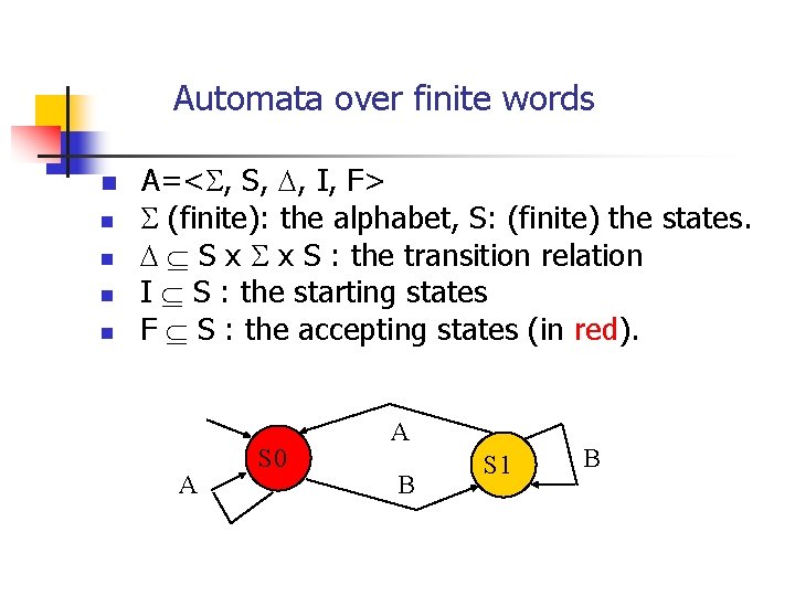 Automata over finite words n n n A=< , S, , I, F> (finite):