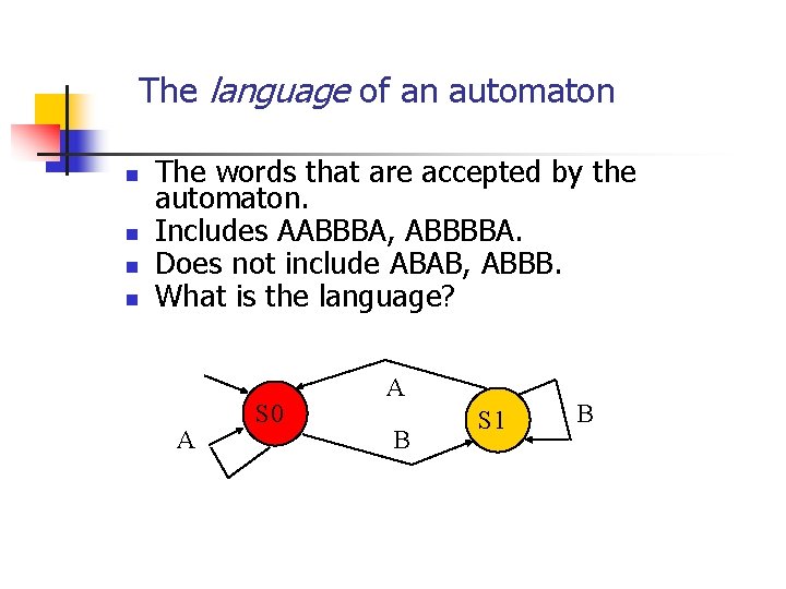 The language of an automaton n n The words that are accepted by the