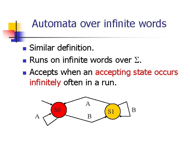 Automata over infinite words n n n Similar definition. Runs on infinite words over