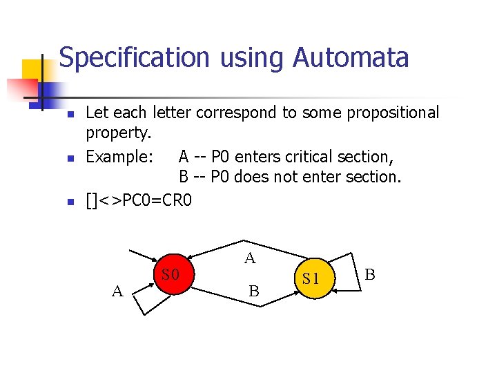 Specification using Automata n n n Let each letter correspond to some propositional property.