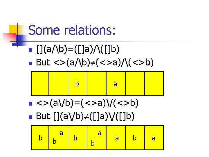 Some relations: n n [](a/b)=([]a)/([]b) But <>(a/b) (<>a)/(<>b) b n n a <>(a/b)=(<>a)/(<>b) But