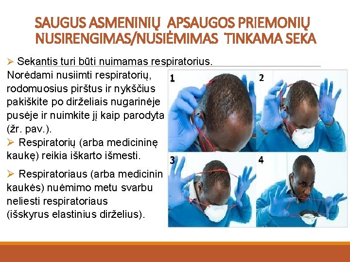 SAUGUS ASMENINIŲ APSAUGOS PRIEMONIŲ NUSIRENGIMAS/NUSIĖMIMAS TINKAMA SEKA Ø Sekantis turi būti nuimamas respiratorius. Norėdami