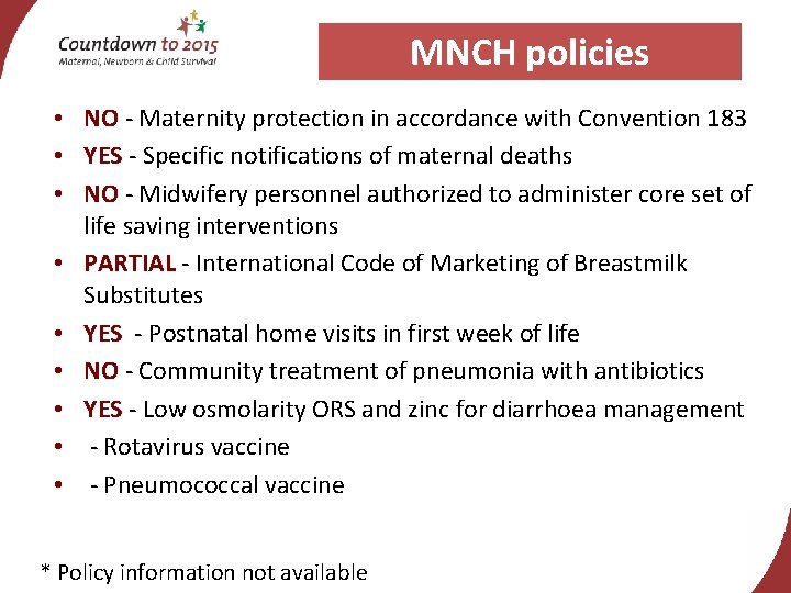 MNCH policies • NO - Maternity protection in accordance with Convention 183 • YES