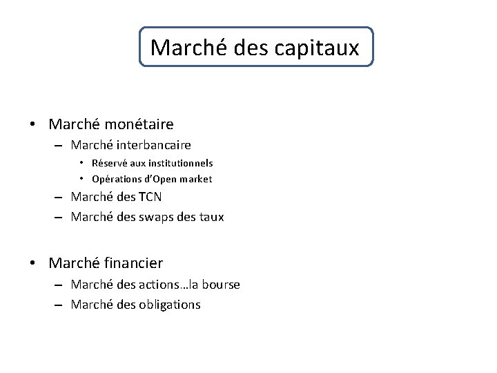 Marché des capitaux • Marché monétaire – Marché interbancaire • Réservé aux institutionnels •