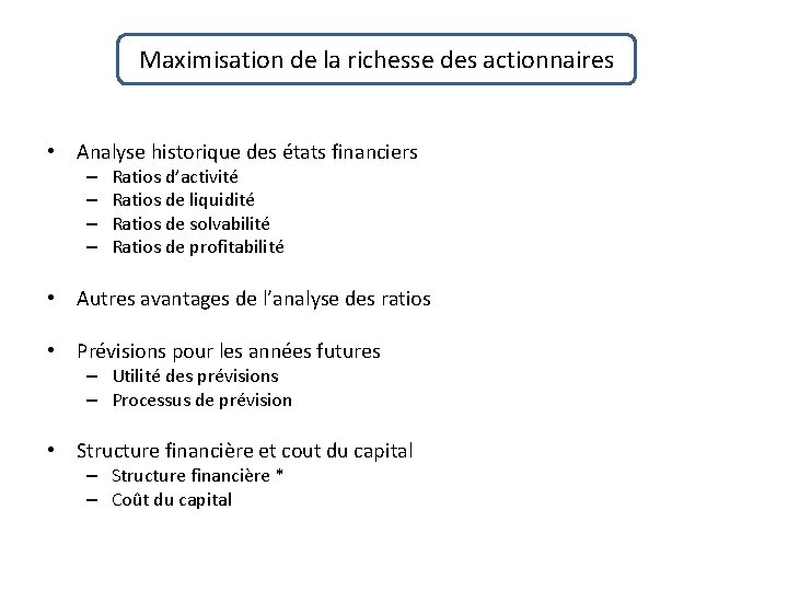 Maximisation de la richesse des actionnaires • Analyse historique des états financiers – –