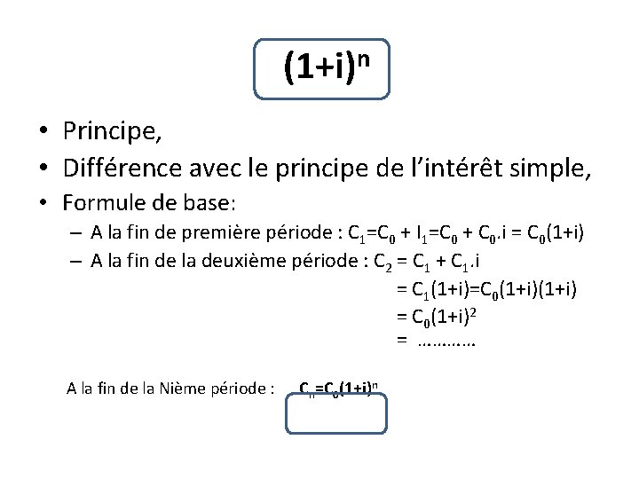(1+i)n • Principe, • Différence avec le principe de l’intérêt simple, • Formule de