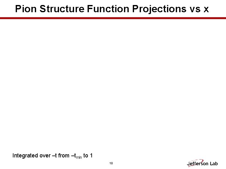 Pion Structure Function Projections vs x Integrated over –t from –tmin to 1 18 Pion Structure Function Projections vs x Integrated over –t from –tmin to 1 18