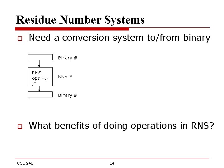 Residue Number Systems o Need a conversion system to/from binary Binary # RNS ops