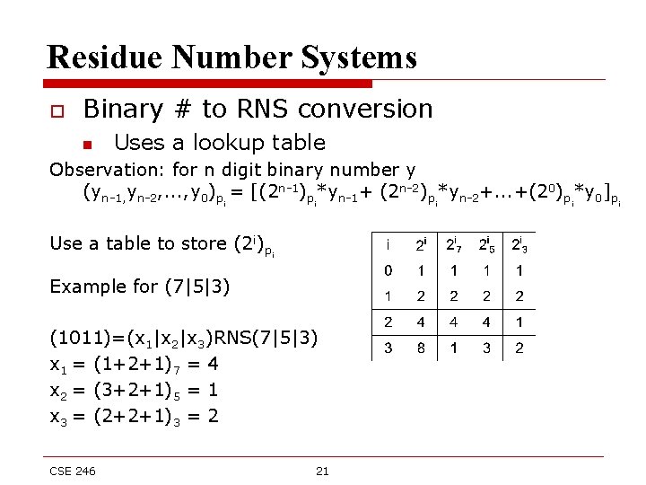 Residue Number Systems o Binary # to RNS conversion n Uses a lookup table