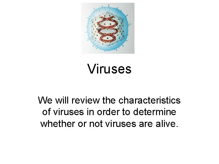 Viruses We will review the characteristics of viruses in order to determine whether or