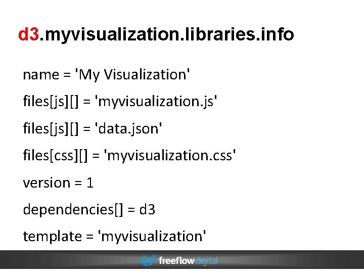 d 3. myvisualization. libraries. info name = 'My Visualization' files[js][] = 'myvisualization. js' files[js][]