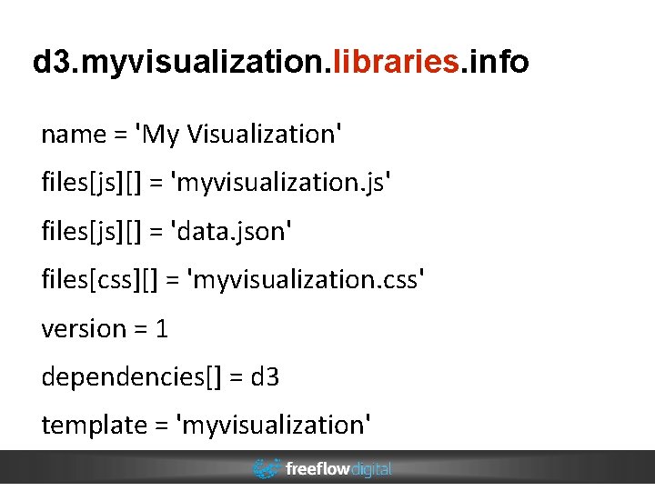 d 3. myvisualization. libraries. info name = 'My Visualization' files[js][] = 'myvisualization. js' files[js][]