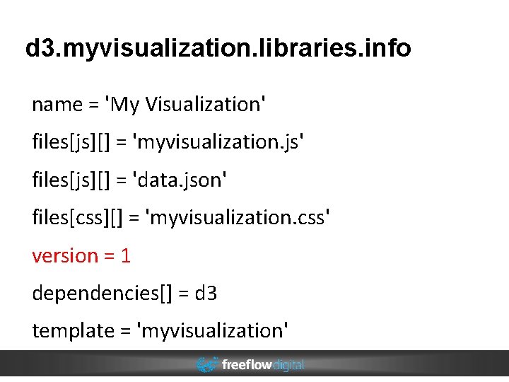 d 3. myvisualization. libraries. info name = 'My Visualization' files[js][] = 'myvisualization. js' files[js][]