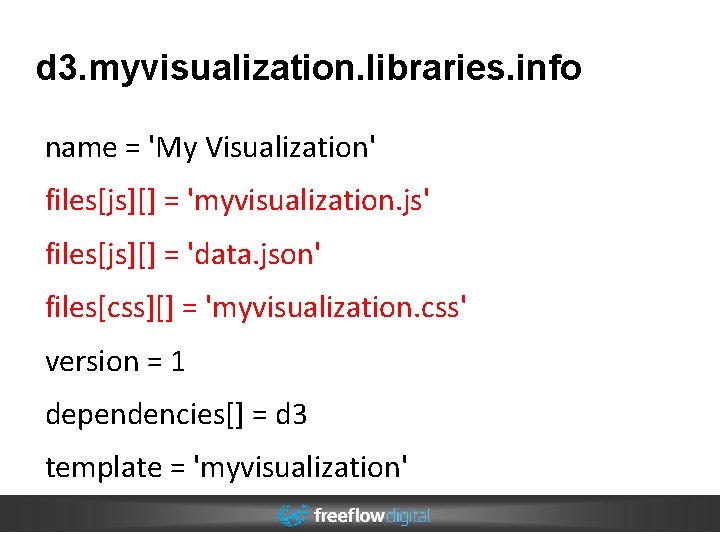 d 3. myvisualization. libraries. info name = 'My Visualization' files[js][] = 'myvisualization. js' files[js][]