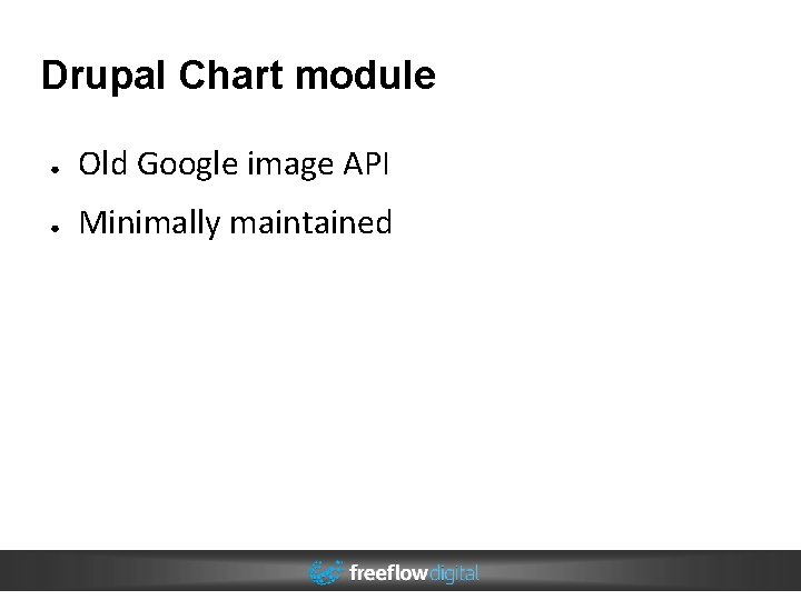 Drupal Chart module ● Old Google image API ● Minimally maintained Drupal Chart module ● Old Google image API ● Minimally maintained