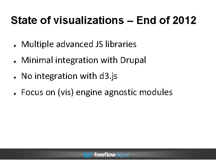 State of visualizations – End of 2012 ● Multiple advanced JS libraries ● Minimal State of visualizations – End of 2012 ● Multiple advanced JS libraries ● Minimal