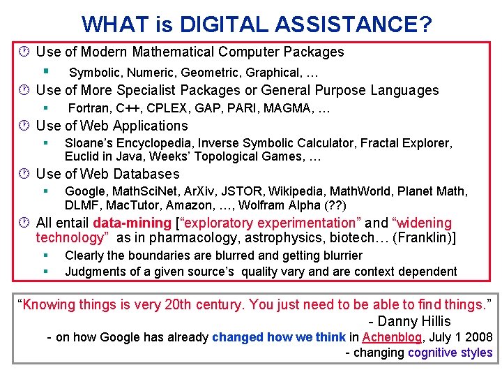 WHAT is DIGITAL ASSISTANCE? · Use of Modern Mathematical Computer Packages § Symbolic, Numeric,