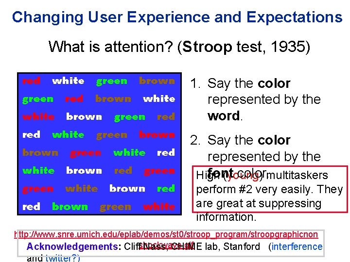 Changing User Experience and Expectations What is attention? (Stroop test, 1935) 1. Say the