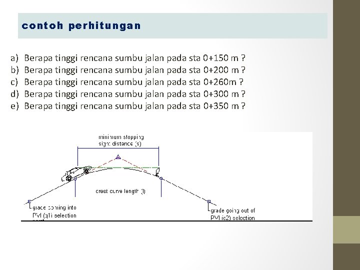 contoh perhitungan a) b) c) d) e) Berapa tinggi rencana sumbu jalan pada sta contoh perhitungan a) b) c) d) e) Berapa tinggi rencana sumbu jalan pada sta